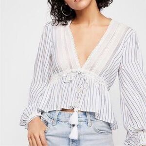Free People | Oberoi Hippie Plunging V Neck Lace Tassel Boho Sheer Peplum Top- M